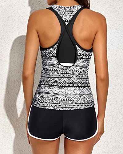 Flattering U-Neck Tankini Tops Sports Bra And Boyshorts Swim Shorts-Black Stripe