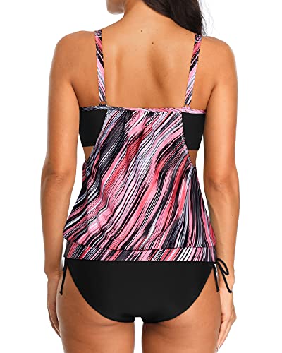 Athletic Two Piece Tankini Sets Adjustable Tie Side Shorts-Black And Pink Stripes