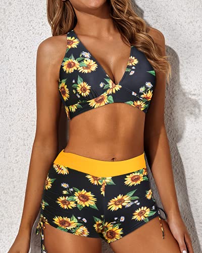 Athletic Swim Tank Top And Shorts Flattering Backless Tankini-Yellow And Sunflower