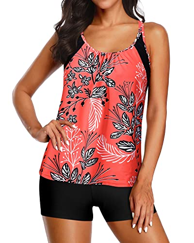 Athletic Tank Top Boy Shorts Two Piece Tankini Swimsuits For Women-Red Floral