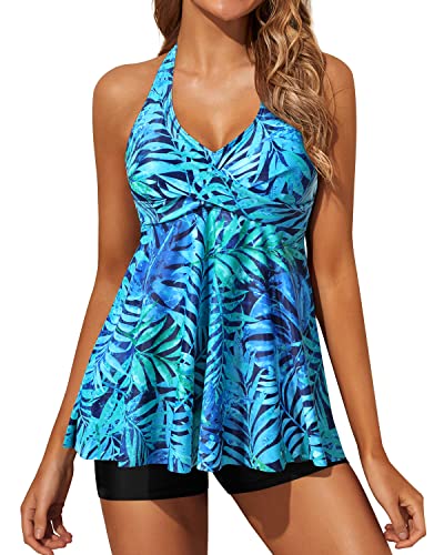 Two Piece Tankini Swimsuits For Women Shorts Flowy Twist Front Swimwear-Dark Blue Green Leaves