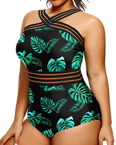 Strapless Monokinis For Slimming Plus Size Swimsuits For Women-Black And Green Leaf