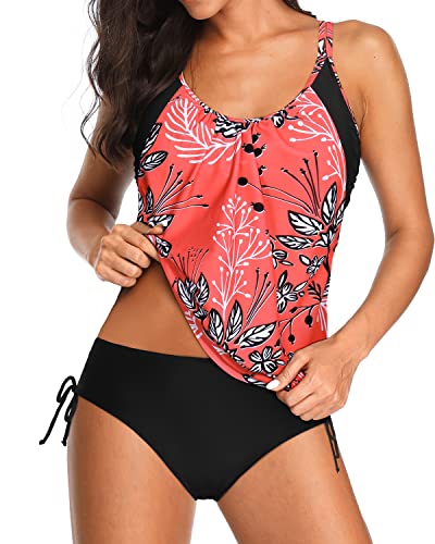 Athletic Two Piece Blouson Tankini Swim Tops Bikini Bottoms-Red Floral
