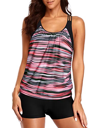 Ladies Modest Coverage Tankini Swimsuits Blouson Tops And Boy Shorts-Black And Pink Stripes