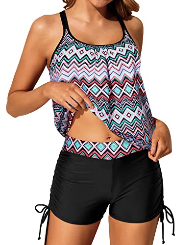 Sporty Women's Blouson Tankini Swimsuit Criss Cross Back Boy Shorts-Black Tribal