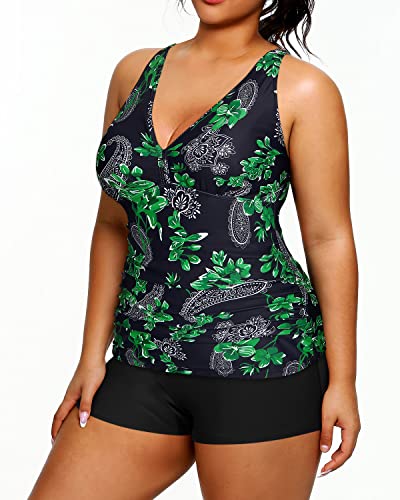 Athletic Plus Size Tankini Shorts Tummy Control Two Piece Swimsuits-Green Paisley