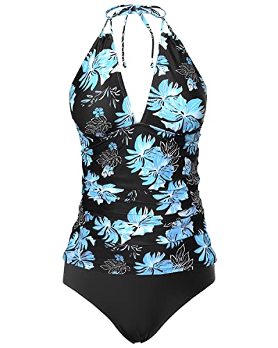 V Neck Tankini Tops And Bikini Bottom Two Piece Tankini Swimsuits-Black Blue Floral