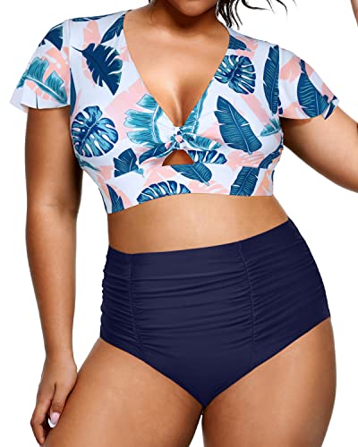 Two Piece Plus Size Bikini Set High Waisted Swimsuits Tummy Control Bathing Suits-Blue Pink Leaves