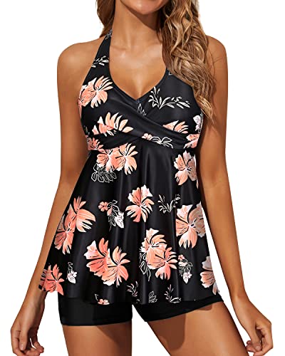 Adjustable Self-Tie Tankini Swimsuits For Women Shorts-Black Orange Floral