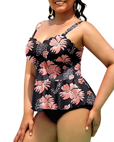 Two Piece Peplum Swimwear Scalloped Swimsuits For Curvy Girls-Black Orange Floral