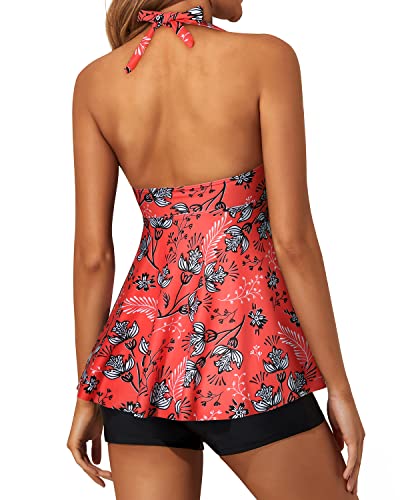 Flattering Twist Front Tankini Swimsuits For Women Shorts-Red Floral