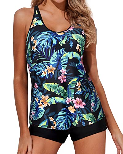 Cute Scoop Neck Tankini Swimsuits For Women Boy Shorts-Black Green Leaves