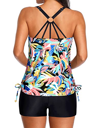 Womens Swimming Suits Tankini Padded Swim Top & Boyleg Bottom-Colorful Leaves