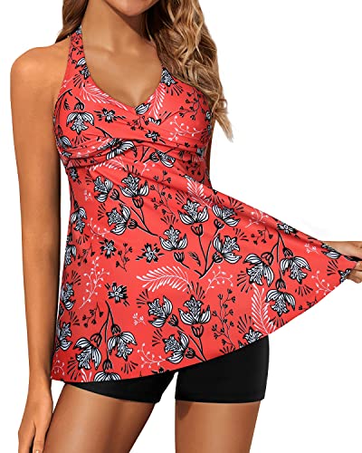 Flattering Twist Front Tankini Swimsuits For Women Shorts-Red Floral