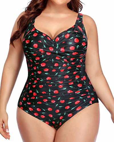 Tummy Control Ruched One Piece Bathing Suits For Curvy Women-Black Cherry