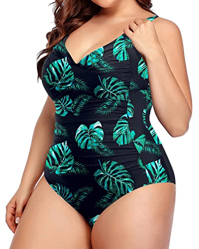 Sweetheart Neckline Twist Front Ruched Plus Size Sexy Swimsuits For Women-Black And Green Leaf
