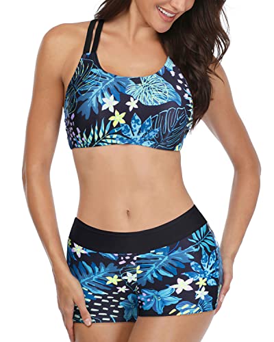 Scoop Neck Tankini And Shorts Set For Women's Beachwear-Leaf
