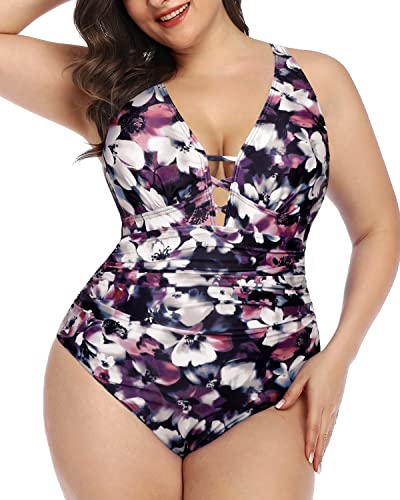 Tummy Control Lace Up Plunge V Neck Plus Size One Piece Swimsuit-Purple Floral