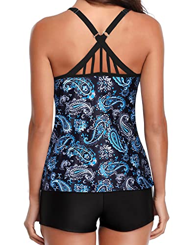 Women's Geometric/Stripe Pattern Tankini Top Tummy Control Boy Shorts-Blue Paisley