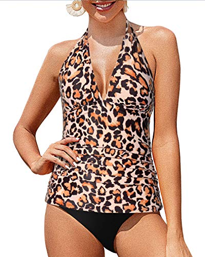 Two Piece Sexy V Neck Tankini Swimsuits Open Back-Black And Leopard