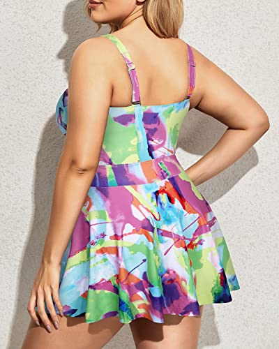 Women Plus Size Cutout Swimdress Tie Front V Neck Bathing Suits-Color Tie Dye