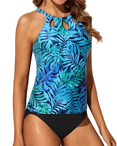 Two Piece High Neck Sexy Tankini Swimsuits For Women-Dark Blue Green Leaves