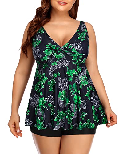 Flowy Bathing Suits Shorts And Modest Coverage Tankini Swimsuits For Women-Green Paisley