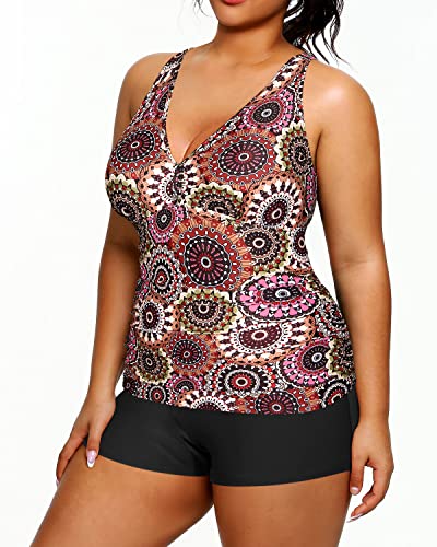 Athletic Women's Plus Size Swimwear High Waisted Bottom Tankini Sets-Brown Print