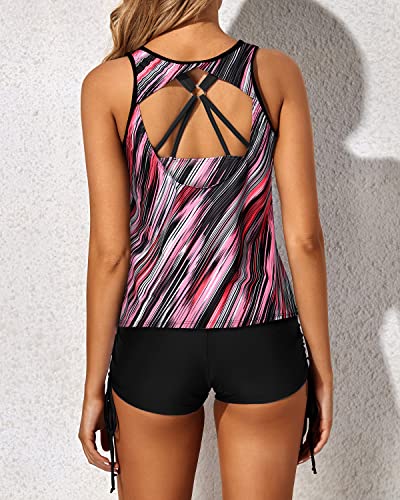 Strappy Criss Cross Straps Tankini Swimsuits For Women-Black And Pink Stripes