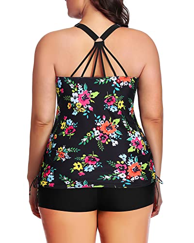 Women's Plus Size Tankini Swimsuit Shorts Athletic 2 Piece Swimwear-Black Floral