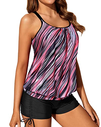 Full Coverage Slimming Tummy Control Womens Blouson Tankini Swimsuits-Pink Stripe