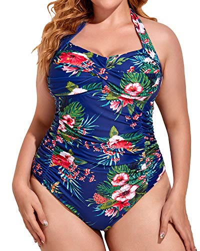 Backless Plus Size Bathing Suit For Women Ruched Twist Front Top-Blue Floral