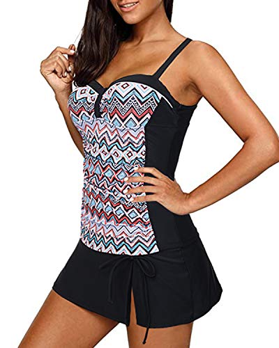 Adjustable Ruched Tankini Sets Skirted Bottoms For Women-Black Tribal