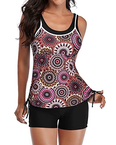 Swim Top Drawstring Boyshorts 2 Piece Tankini Swimsuits-Brown Print