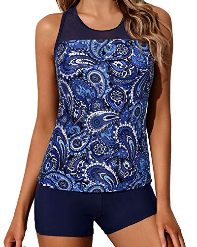 2 Piece Modest And Fitted Tankini Swimsuit Boyleg Bottoms-Navy Blue Tribal
