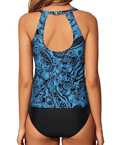 High Waisted Tummy Control Bathing Suit Halter Design Backless Tankini-Black And Tribal Blue