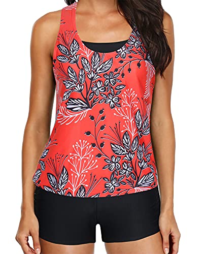 Athletic Tankini Tops Padded Bra And Boyshorts-Red Floral