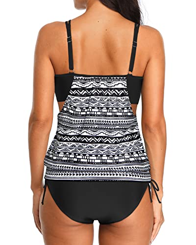 Removable Built-In Sports Bra Tankini Bathing Suits For Women-Black White Stripe