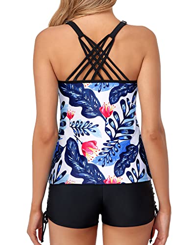 Athletic Tankini Swimsuits Tummy Control Bathing Suits-White And Blue Floral