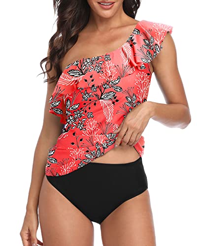 Tummy Flattering Bathing Suits One Shoulder Swimsuits For Women-Red Floral