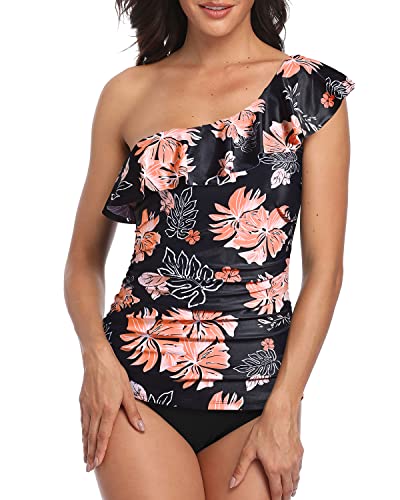 Best Tummy Control Swimwear One Shoulder Tankini-Black Orange Floral