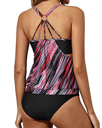 Women Two Piece Tankini Blouson Top And Bottom Sporty Swimsuits-Black And Pink Stripes