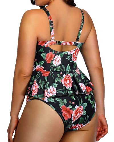 Removable And Adjustable Shoulder Straps Plus Size Swimsuits For Women-Black Floral