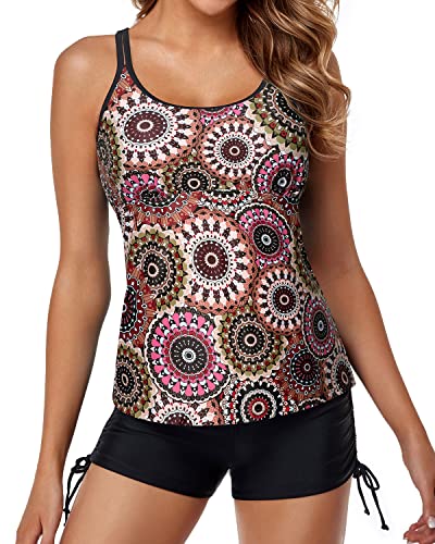 Cross-Back Tankini Swimsuits For Women Tummy Control Shorts-Brown Print