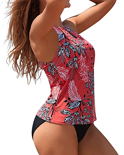 Two Piece High Neck Tankini Swimsuits For Women Tummy Control Bathing Suits-Red Floral