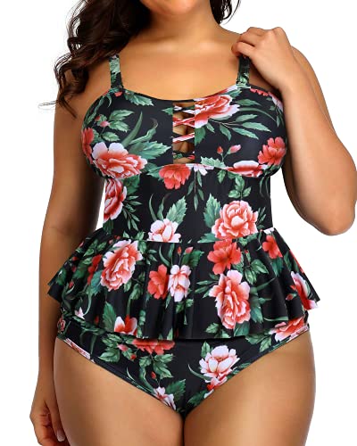 Removable And Adjustable Shoulder Straps Plus Size Swimsuits For Women-Black Floral