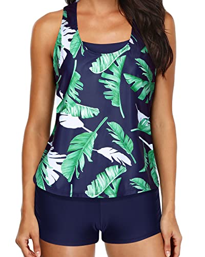 3 Piece Womens Athletic Bathing Suits Tank Tops Bra And Boyshorts-Blue Leaf
