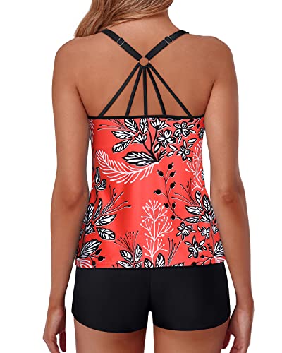 Athletic Two Piece Tankini Swimsuits For Women Shorts Tummy Control-Red Floral