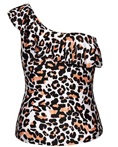 Flirty Ruffle Detail One Shoulder Tankini Tops Push Up Bra For Women-Leopard