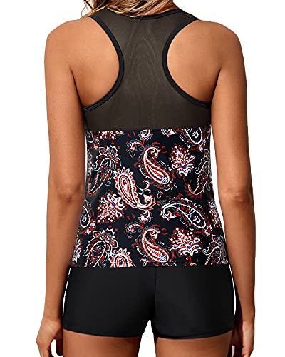 Two-Piece Athletic Tankini Swimsuits Racerback And Boyleg Bottoms-Black Tribal